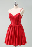 Red  A-Line Spaghetti Straps Corset Pleated Homecoming Dress