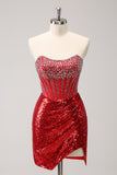 Sparkly Red Strapless Corset Sequined Beaded Tight Homecoming Dress with Slit