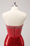 Sparkly Red Strapless Corset Sequined Beaded Tight Homecoming Dress with Slit