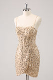 Sparkly Golden Spaghetti Straps Bodycon Homecoming Dress with Sequins