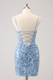 Sparkly Blue Tight Spaghetti Straps Corset Short Homecoming Dress with Sequins