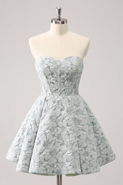 Grey Green Sweetheart A-Line Brocade Corset Floral Mini Homecoming Dress