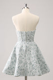 Grey Green A-Line Strapless Floral Short Homecoming Dress