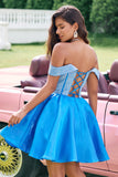 Sparkly Blue A Line Off the Shoulder Satin Ruffle Homecoming Dress with Beading