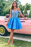 Sparkly Blue A-Line Off the Shoulder Beaded Satin Homecoming Dress