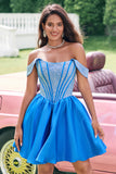 Sparkly Blue A Line Off the Shoulder Satin Ruffle Homecoming Dress with Beading