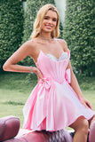 Pink A Line Strapless Corset Beaded Homecoming Dress with Bows