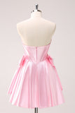 Pink A Line Strapless Corset Beaded Homecoming Dress with Bows