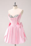 Pink A Line Strapless Corset Beaded Homecoming Dress with Bows