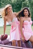 Pink A Line Strapless Corset Beaded Homecoming Dress with Bows