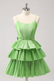 Cute A Line Corset Green Pleated Tiered Short Homecoming Dress with Bows