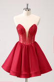 Cute Red A Line Strapless Ruffle Short Homecoming Dress with Beading