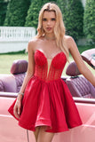 Red A Line Strapless Corset Short Ruffle Cute Homecoming Dress with Beading