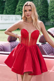 Cute Red A Line Strapless Ruffle Short Homecoming Dress with Beading