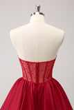 Cute Red A Line Strapless Ruffle Short Homecoming Dress with Beading