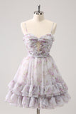 Lilac A-Line Floral Prints Ruffled Tiered Tulle Homecoming Dress