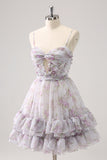 Lilac A-Line Floral Prints Ruffled Tiered Tulle Homecoming Dress