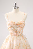 Yellow A-Line Front Twist Short Floral Homecoming Dress With Ruffles