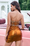 Sparkly Tight Strapless Corset Pleated Copper Homecoming Dress with Beading