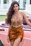 Glitter Beaded Copper Corset Pleated Strapless Short Tight Homecoming Dress