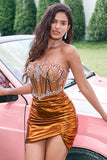 Sparkly Tight Strapless Corset Pleated Copper Homecoming Dress with Beading