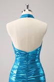 Metallic Tight Halter Backless Satin Blue Homecoming Dress