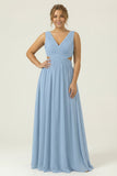 Dusty Blue Chiffon V Neck A Line Long Plus Size Bridesmaid Dress with Lace Up Back