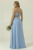 Dusty Blue Chiffon V Neck A Line Long Plus Size Bridesmaid Dress with Lace Up Back