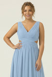 Dusty Blue Chiffon V Neck A Line Long Plus Size Bridesmaid Dress with Lace Up Back