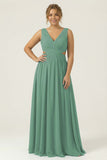 Dusty Blue Chiffon V Neck A Line Long Plus Size Bridesmaid Dress with Lace Up Back