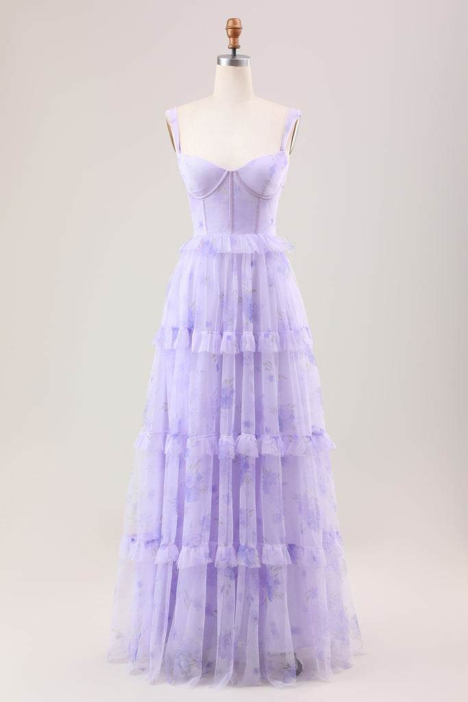 Corset Straps Floral Applique Lavender Long Dress with Lace Up Back