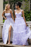 Lavender A Line Corset Spaghetti Straps Floral Tiered Long Bridesmaid Dress