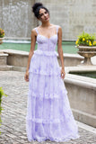 Lavender A Line Corset Spaghetti Straps Floral Tiered Long Bridesmaid Dress