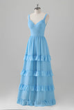 Blue A-Line V Neck Tiered Chiffon Long Bridesmaid Dress