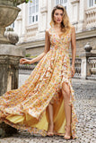 Yellow Small Flower A Line V Neck Pleated Ruffles Wedding Guest Dress