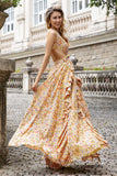 Yellow Small Flower A Line V Neck Pleated Ruffles Wedding Guest Dress