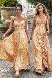 Yellow Small Flower A Line V Neck Pleated Wedding Party Guest Dress with Ruffles