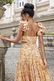 Yellow Flower A Line V Neck Print Pleated Wedding Guest Dress with Slit