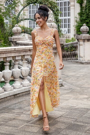 Yellow Flower A Line Corset Wedding Guest Dress