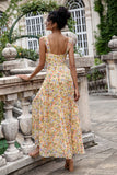 Yellow Flower A Line Print Holloe Out Corset Wedding Guest Dress with Slit