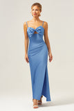 Blue Mermaid Spaghetti Straps Bridesmaid Dress with Bowknot