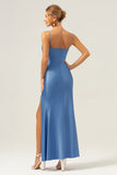 Blue Mermaid Spaghetti Straps Long Bridesmaid Dress with Bowknot