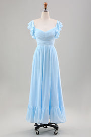 Sky Blue A Line Chiffon Wedding Guest Dress with Ruffle Sleeves