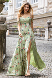 Green Flower A Line Spaghetti Straps Print Long Wedding Party Guest Dress with Slit