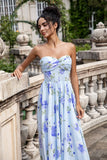 Blue Floral A Line Sweetheart Strapless Print Pleated Long Wedding Guest Dress