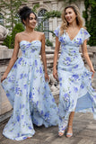 Blue Floral A Line Sweetheart Strapless Print Pleated Long Wedding Guest Dress