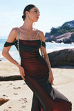 Black Red Mermaid Cold Shoulder Long Bridesmaid Dress