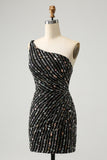 Glitter Black One Shouder Tight Short Homecoming Dress with Beading