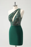 Glitter Dark Green Tight One Shoulder Cut-Out Homecoming Dress