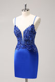 Sparkly Royal Blue Sequin Tight Short Homecoming Dress With Lace Up Back